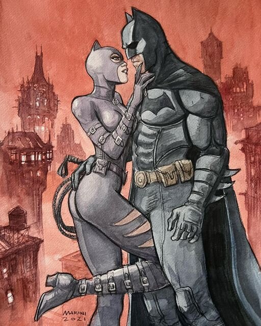 Batman et catwoman by Enrico Marini - Original Illustration