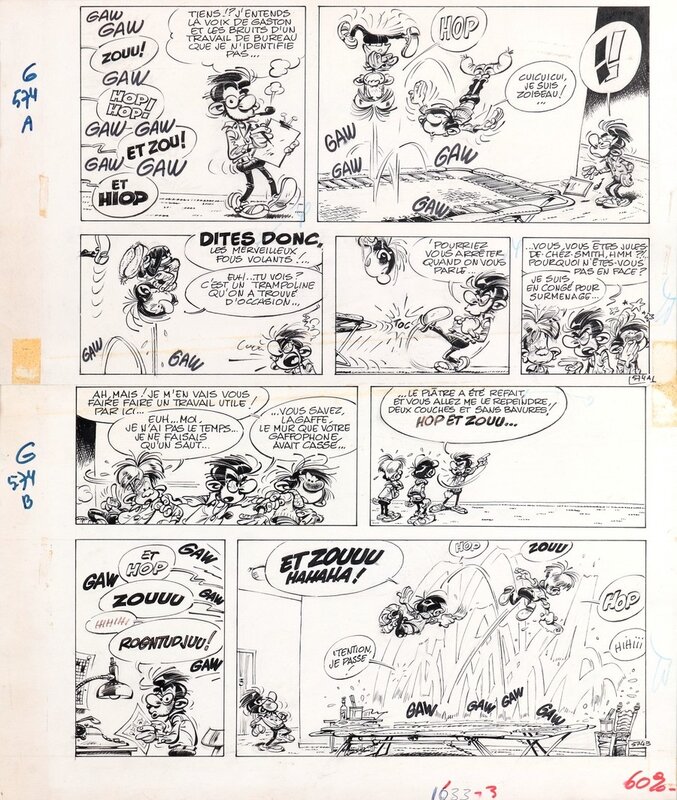 André Franquin, 1969 - Gaston, gag n°574   (Le trampoline) - Planche originale