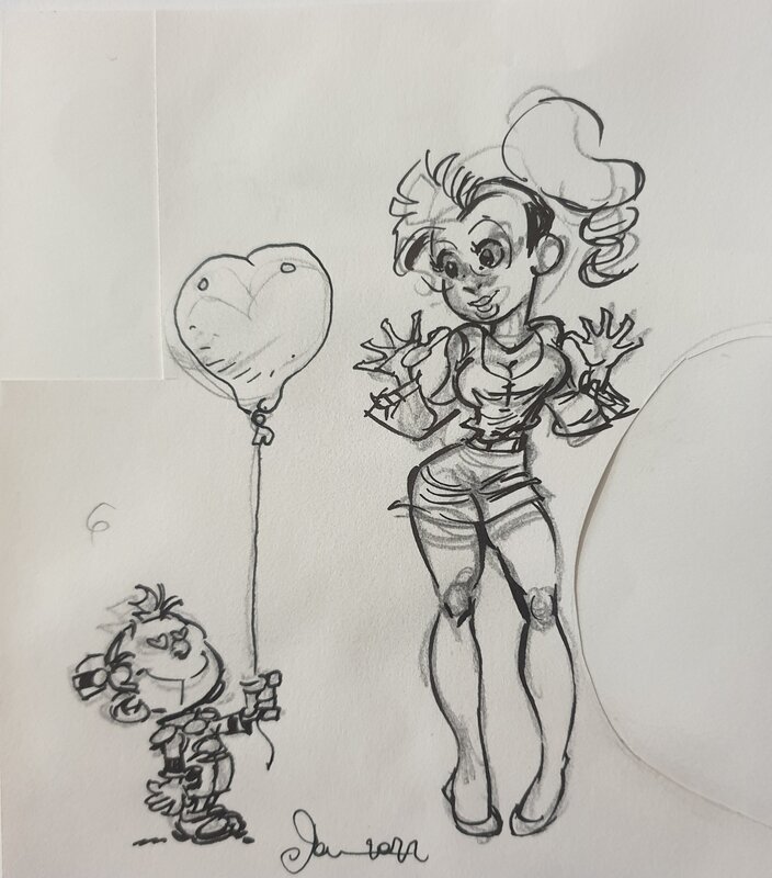 Dan Verlinden, Le petit Spirou offre un ballon à Mlle Chiffre - Original Illustration