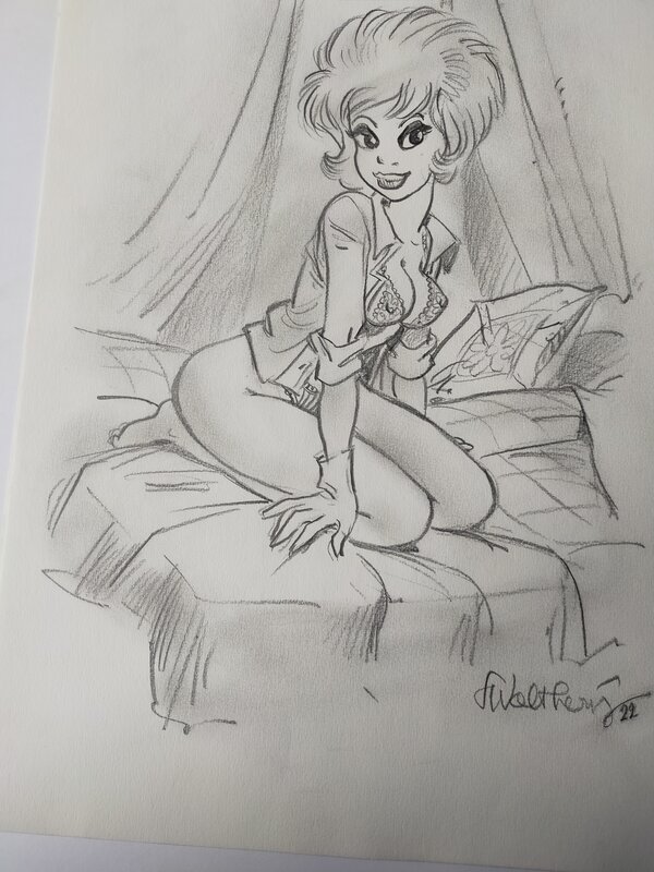 Natacha sur son lit par François Walthéry - Illustration originale