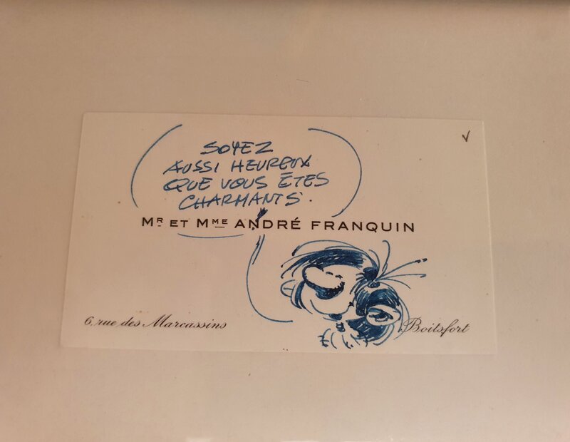 Gaston Lagaffe sur carte de visite Franquin - Dédicace