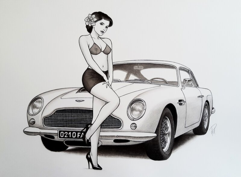 Laurent Paturaud, Aston DB5 avec une jolie pinup - Original Illustration
