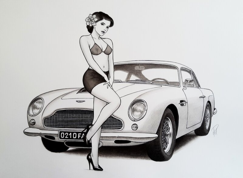 Laurent Paturaud, Aston DB5 avec une jolie pinup - Illustration originale