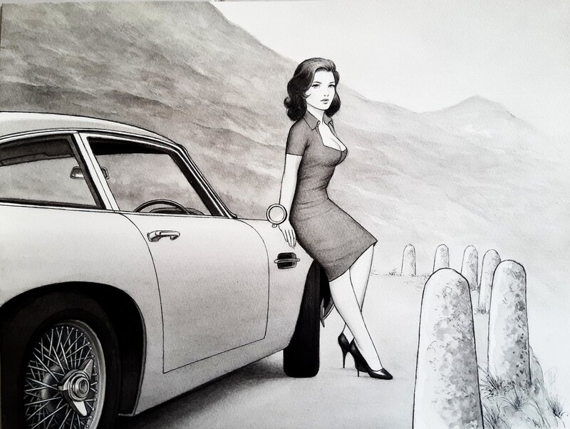 Laurent Paturaud, Hommage à Sir Sean Connery avec une Aston DB5 - Original Illustration