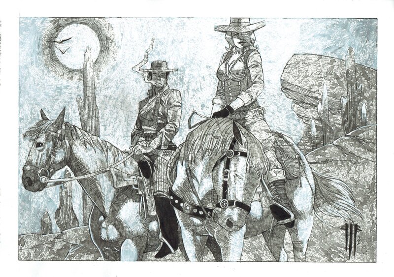 En vente - Philippe Bringel, Blackfoot et Rebecca sous le soleil - Illustration originale