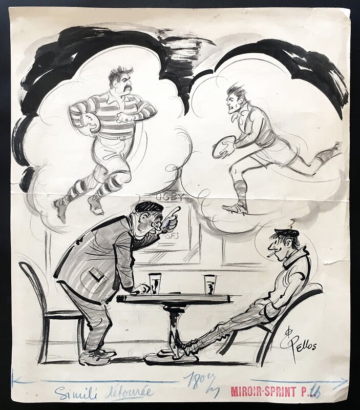 For sale - Pellos dessin original Rugby illustration Miroir sprint - Original Illustration