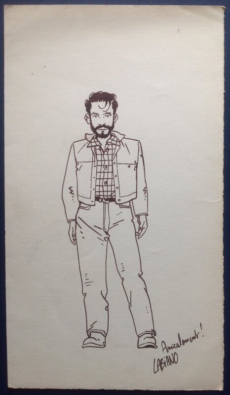 En vente - Hugues Labiano Dédicace Héros Dixie Road, Joli Dessin original d'un des Héros en Pied sur Feuille , Bd Éo Dargaud Fin 1990 - Dédicace