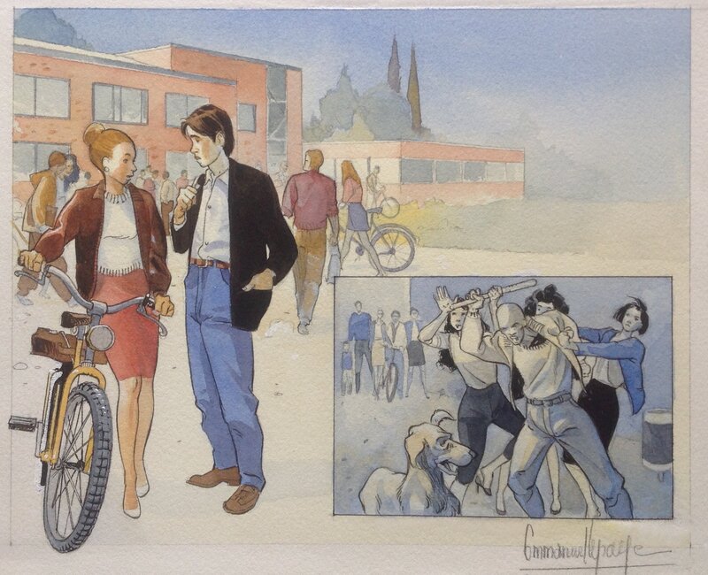 En vente - Lepage Le Vélo illustration Originale a L'Aquarelle d'emmanuel Lepage , pour Okapi Ou Je Bouquine ?...Année 90 - Illustration originale