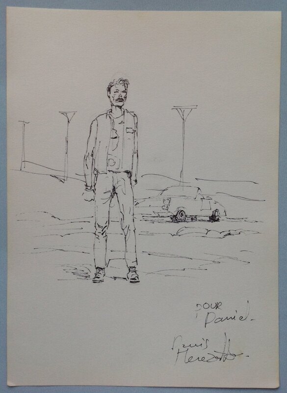 For sale - Merezette Denis Dédicace Héros devant  , BD Dessin Feutre noir Feuille Année 1985 réalisée dans un Salon BD Paris Convention - Sketch