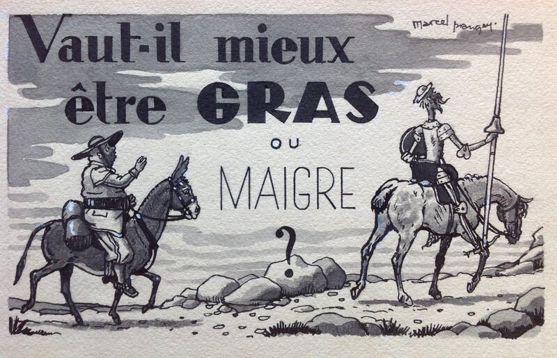 En vente - Prangey Marcel Don Quichotte & Sancho Panza , Gras ou Maigre ? Dessin illustration Planche Originale ...BD Ou Magazine Année 30 - Illustration originale