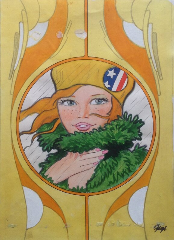 En vente - Gigi Portrait Jeune Fille de 15 Ans Chapeau Manteau Vert , Peinture Originale Signée - Illustration originale