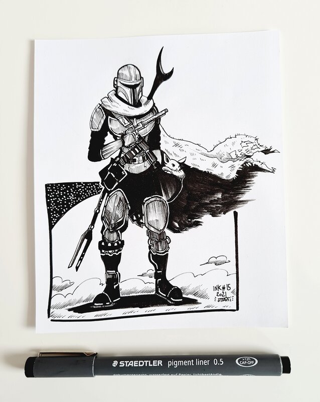 For sale - Dessin original de l'Inktober 2021 : The Mandalorian & Grogu par oTTami ! - Original Illustration