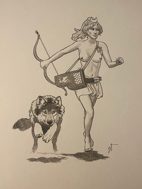 Jean Torton/Jeronaton, illustration originale, Chasseuse. - Illustration originale