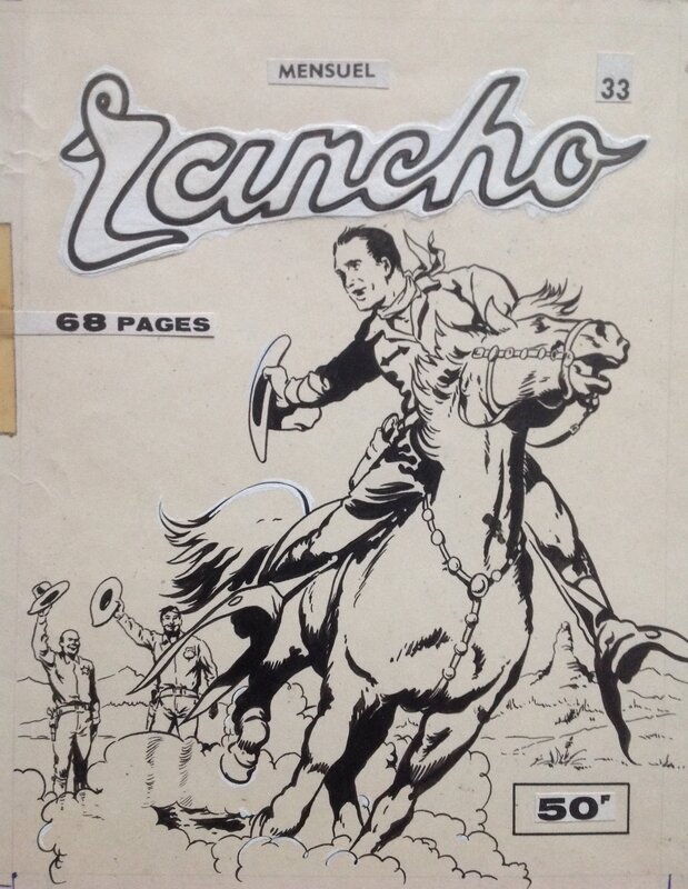 En vente - Atelier Chott, studio Artevèze G., Fergal, Atelier Chott RANCHO 33 Couverture Originale Planche N&B Couv Rancho Mensuel Western Cow Boy cheval , Petit Format Chott 1957 - Couverture originale