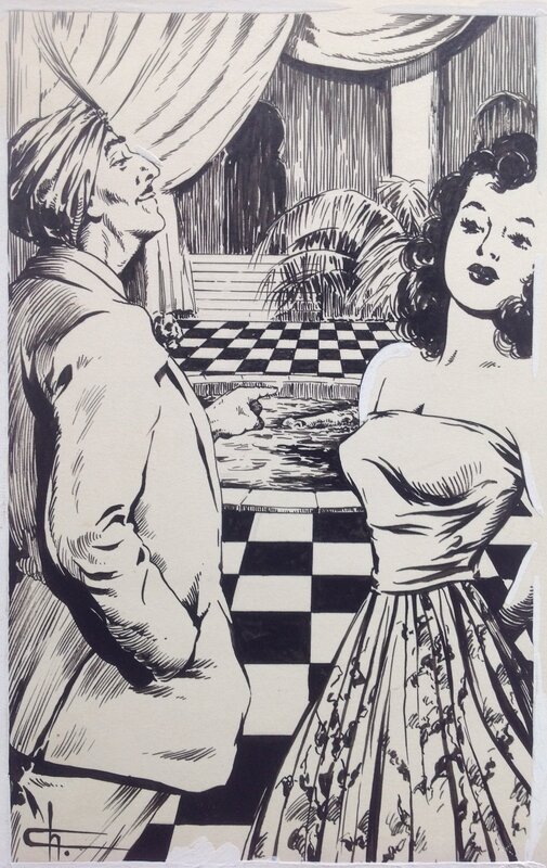 En vente - Chott Pierre Mouchot Fantax Magazine 3 Perle Manille (Dali Maharajah pin up), Dessin illustration planche originale encre Chine - Illustration originale