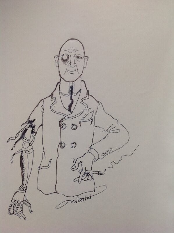 En vente - Nicollet Dédicace Personnage étrange Homme Erich von Stroheim Cyborg Robot Dessin inédit Signé encre chine Art Book ERSATZ 1981 - Dédicace