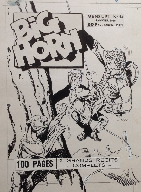 En vente - Atelier Chott, Warren Tufts, Rémy Bordelet, Claude Bordet, Fergal, Atelier Chott BIG HORN 14 Couverture Originale Planche N&B Couv Western Cow Boy Puma Félin Montagne, Petit Format Chott 1959 - Couverture originale