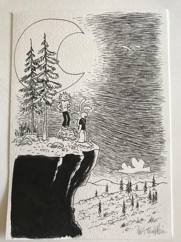 Lewis Trondheim, Lapinot et Richard La nuit sur la falaise - Illustration originale