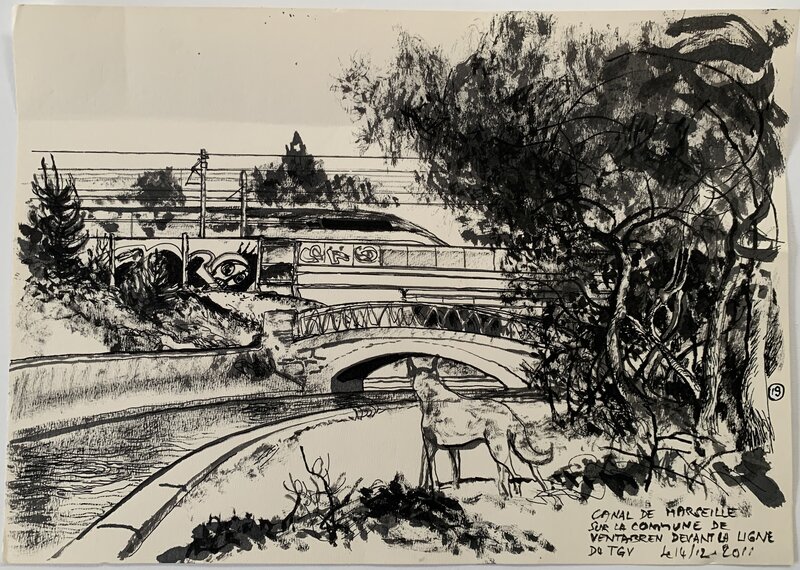 Edmond Baudoin, Les Chemins de l'eau en Provence n°19 - Canal de Marseille devant la ligne de TGV - Illustration originale