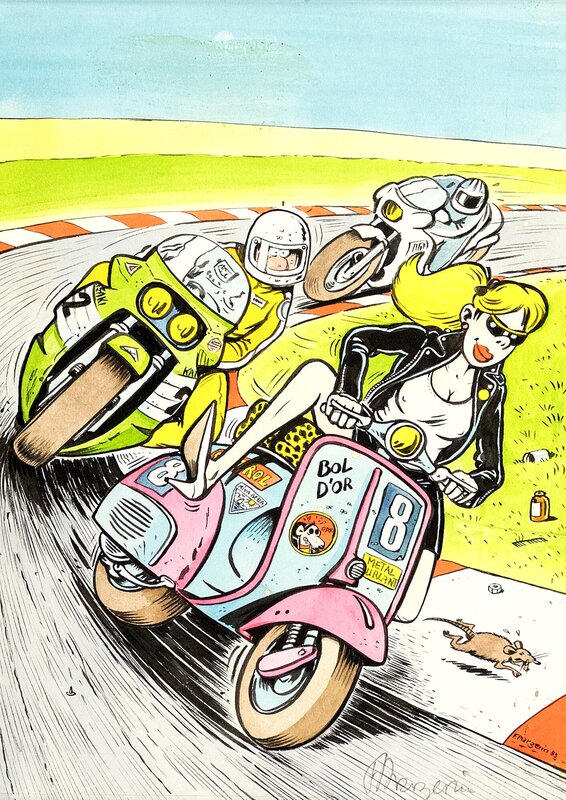 Frank Margerin, Scandale au Bol d'Or, le Scooter rose Triomphe - Illustration originale