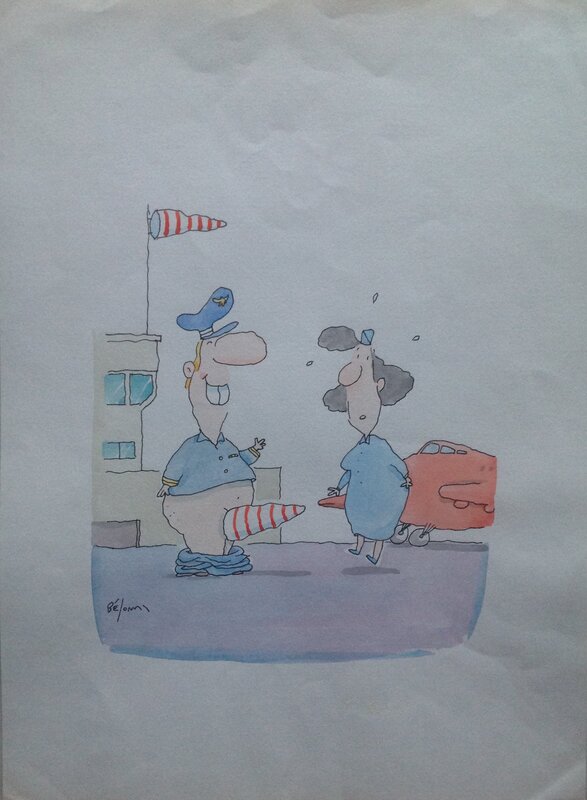 En vente - Bélom , Dessin Original Aéroport Pilote Avion et Hôtesse de L'Air illustration Humoristique Érotique Aquarelle Couleur 2001 - Illustration originale