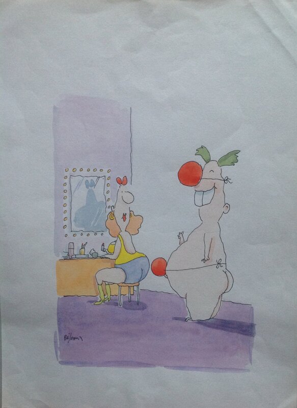 En vente - Bélom , Dessin Original La Pin up et Le Clown , illustration Humoristique Érotique Aquarelle Couleur 2001 - Illustration originale