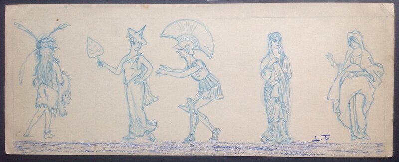 En vente - Louis Forton 5 Femme Pin up différente Costume , Joli Dessin Préparatoire au Crayon Bleu Étude de Personnages 3 Année 20 - Illustration originale
