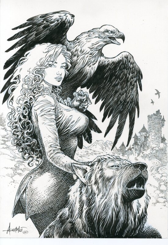 Mohamed Aouamri, Florie, l'aigle et le loup (Mortepierre) - Original Illustration
