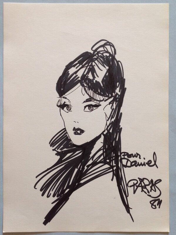 For sale - Antonio Parras Dédicace Pin up asiatique / inoxydables ,dessin sur Feuille Année 1984 réalisée dans un Salon BD Paris Convention - Sketch
