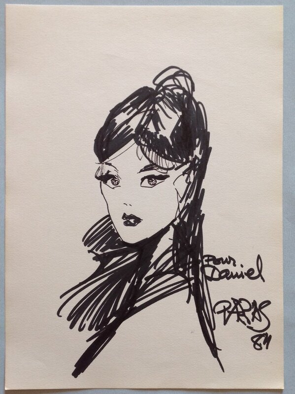 En vente - Antonio Parras Dédicace Pin up asiatique / inoxydables ,dessin sur Feuille Année 1984 réalisée dans un Salon BD Paris Convention - Dédicace