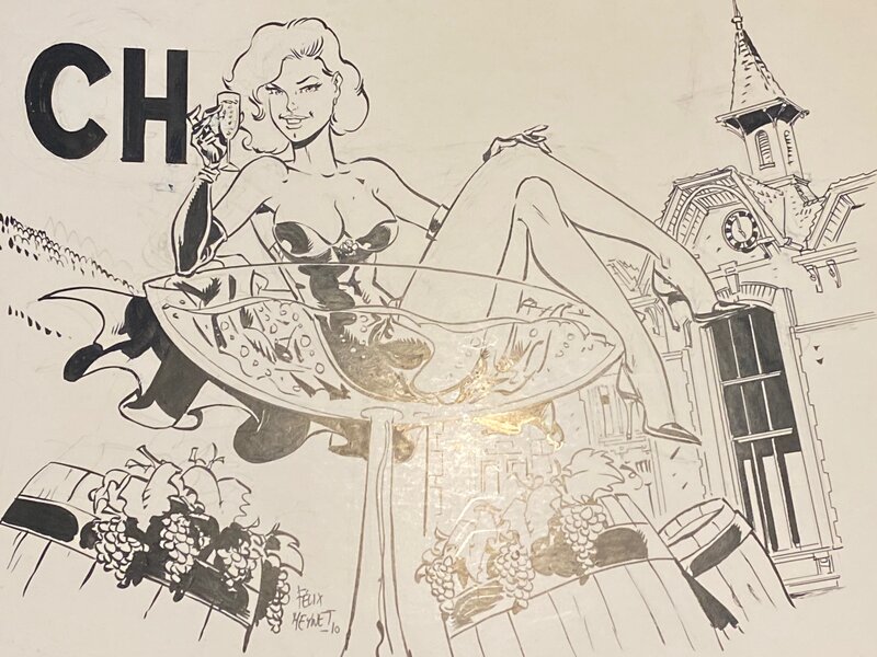 Félix Meynet, illustration originale, Pin up au Champagne ! - Original Illustration
