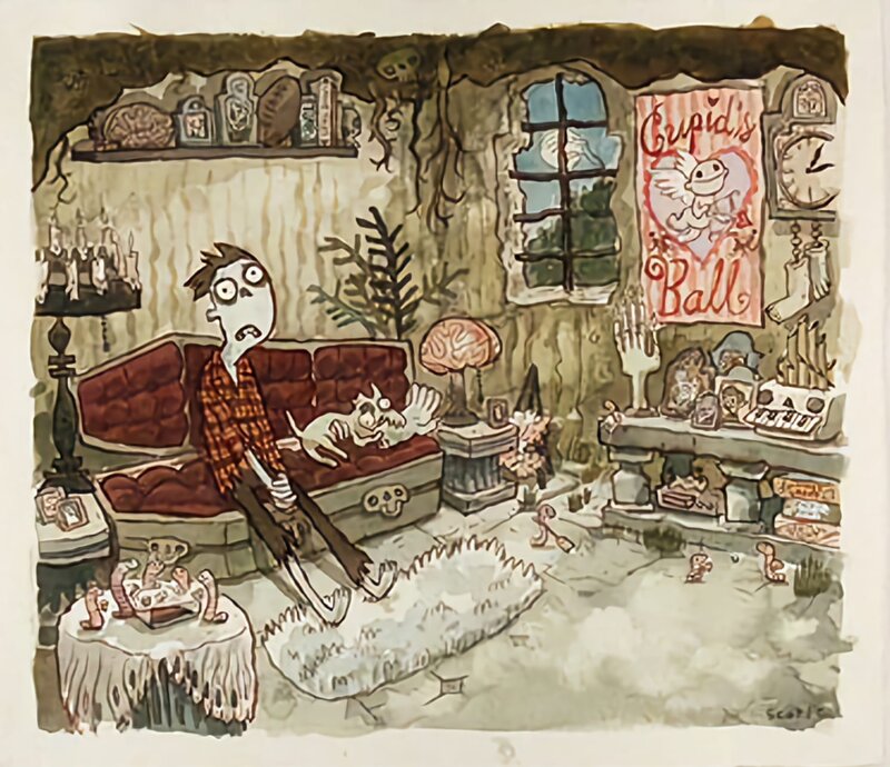 Scott C., Zombie in Love - Mortimer in his living room - Original Illustration