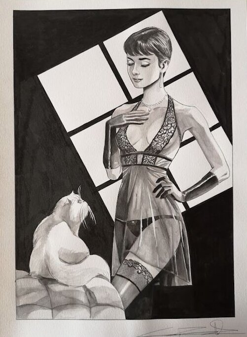 Audrey and the cat by Guiseppe Candita - Original Illustration