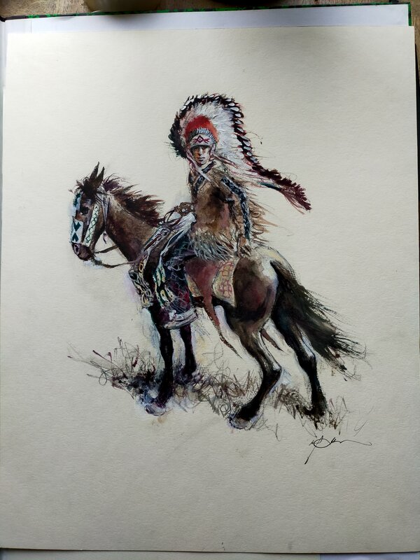 Indien à cheval par René Follet - Illustration originale