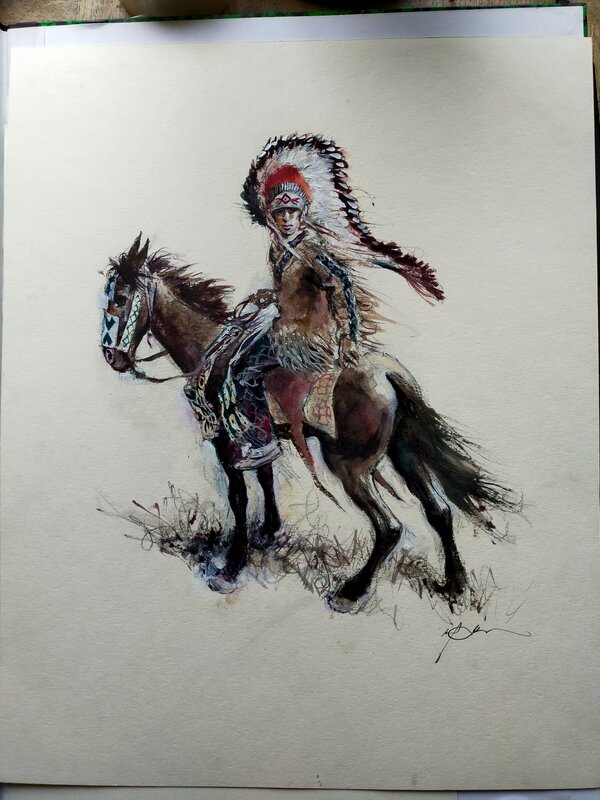 Indien à cheval by René Follet - Original Illustration