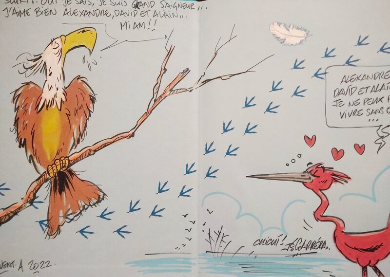 Alain Sirvent, Jean-Luc Garréra, Pyrargue et héron rouge - double dédicace sur le tome 1 de la série les Oiseaux - Sketch
