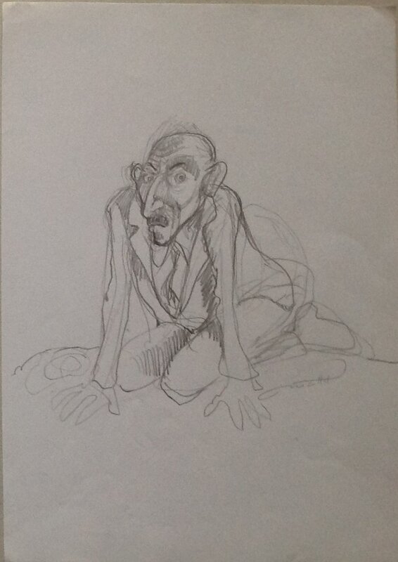 En vente - Nicollet Crayon , étude Recherche Personnage étrange Homme Chauve Dessin original inédit Préparatoire Signé - Œuvre originale