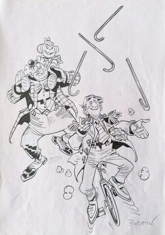 Denis Bodart, Clown, jongleur à monocycle et petite fille - Illustration originale