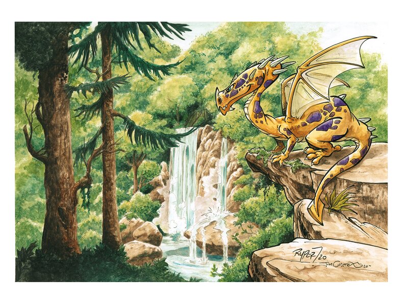 En vente - Fabien Rypert, Jim Colorex, Dragon de la Cascade - Illustration originale