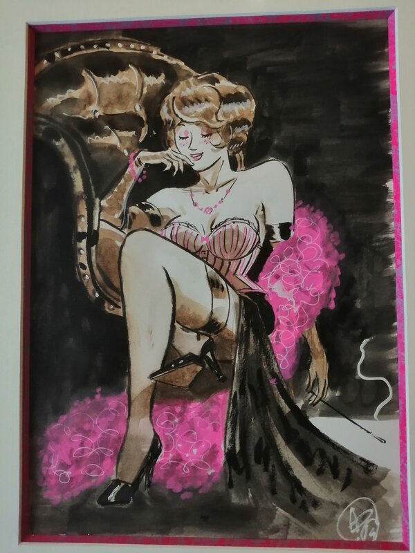 Pin up au boa rose par Arnaud Poitevin - Illustration originale