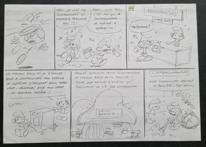 Studio Peyo, Peyo, Les Schtroumpfs -  Crayonné original d'une planche - Comic Strip