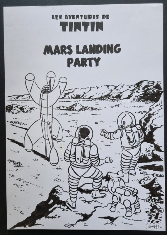Deloupy, Hergé, Hommage à Tintin et la couverture d'On a marché sur la Lune - Mars Landing Party - Illustration originale