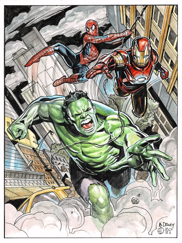 Benjamin Dewey, The Hulk, Spider-man & Iron Man - Commission - Illustration originale