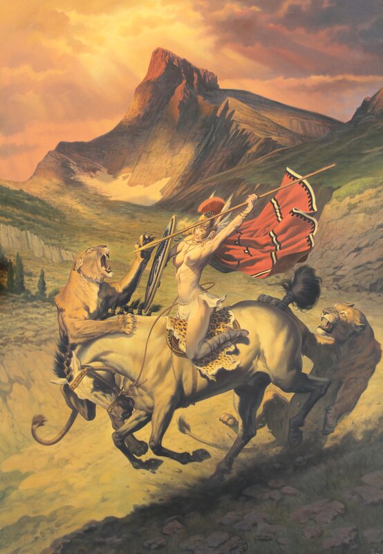 En vente - Attaque de lionnes par François Miville-Deschênes - Illustration originale