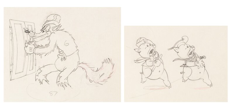The Big Bad Wolf Fiddler, Fifer, and Big Bad Wolf Animation Drawing Group of 2 (Walt Disney, 1934) - Dédicace