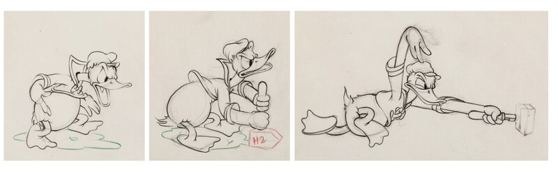The Riveter Donald Duck Animation Drawings Group of 3 (Walt Disney, 1940) - Dédicace