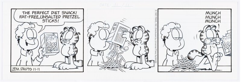 Walt Disney, Jim Davis Garfield Daily Comic Strip Original Art dated 11-11-97 (Paws/Universal Press Syndicate, 1997) - Planche originale
