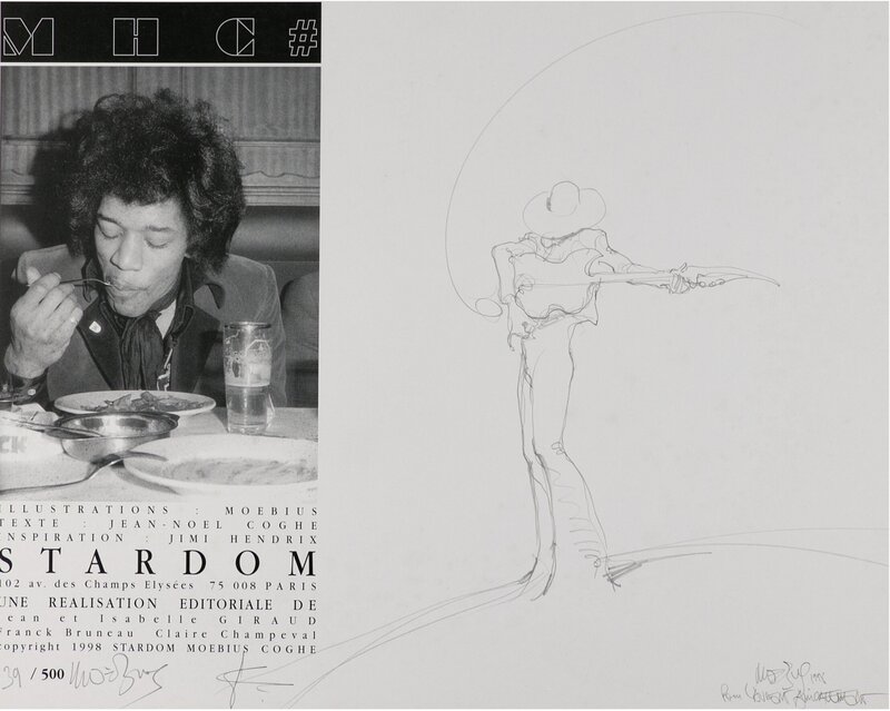 Jean Giraud (Moebius) Jimi Hendrix, Emotions Electriques Illustration Originale et Rare Coffret Portfolio Bleu #39/500 (Stardom/ - Dédicace