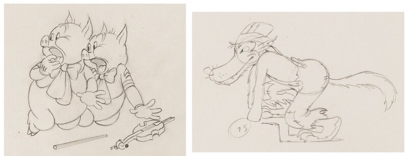 Silly Symphonies The Big Bad Wolf Fiddler, Fifer, and the Big Bad Wolf Animation Drawing Group of 2 (Walt Disney, 1934) - Sketch