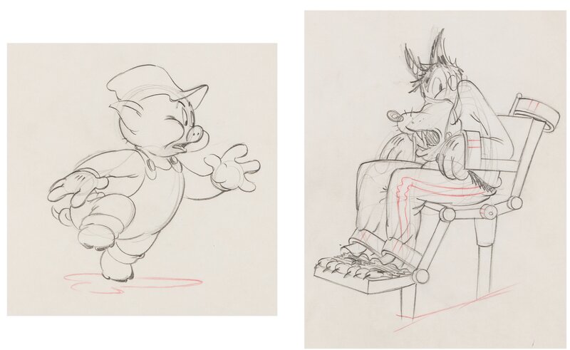 Silly Symphonies The Practical Pig Big Bad Wolf and Practical Pig Animation Drawing Group of 2 (Walt Disney, 1939) - Œuvre originale